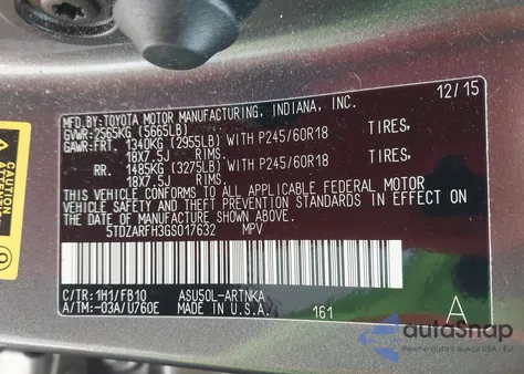 2016 Toyota Highlander Le from USA, damaged, VIN 5TDZARFH3GS017632